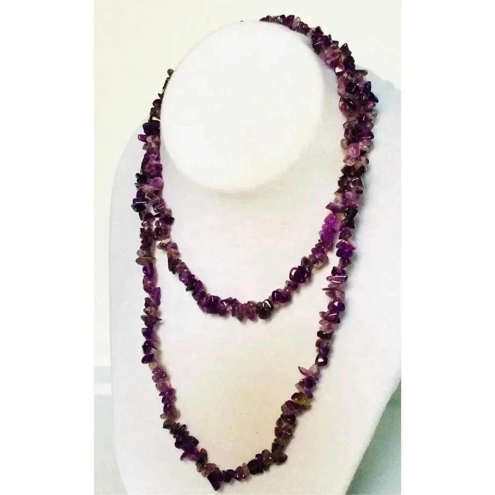 Vintage Purple Amethyst Gemstone Uncut Chip Rope Beaded Long Necklace Jewelry